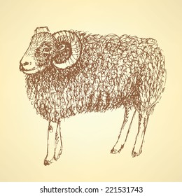 Sketch New Year ram in vintage style, background 