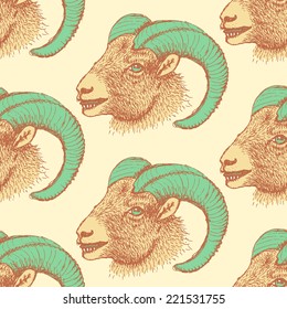 Sketch New Year ram in vintage style, seamless pattern 