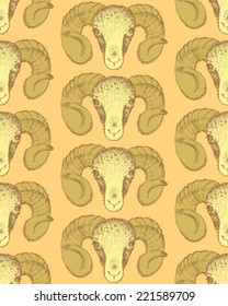 Sketch New Year ram in vintage style, seamless pattern 