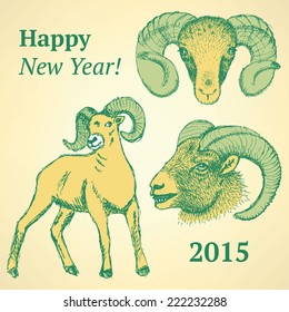 Sketch New Year ram in vintage style, background 