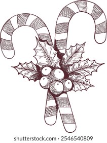 Sketch of a New Years Caramel cane and holly. Vector illustration