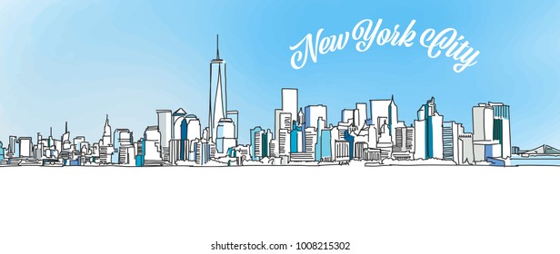 Sketch of New York City Skyline. Hand drawn vector illustration with modern Headline. Use for greeting card and travel marketing.