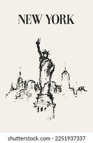 Esbozo de la ciudad de Nueva York con la Estatua de la Libertad delante