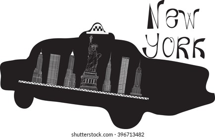 sketch of New York taxi with attractions images. EPS10