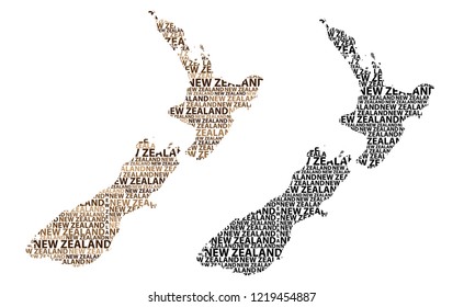 Sketch New Zealand letter text map, New Zealand - in the shape of the continent, Map New Zealand - brown and black vector illustration