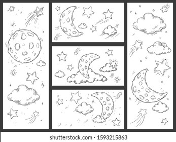 Sketch night sky and moon  Hand drawn moon  night stars   doodle dream sleep clouds vector illustration set  Crescent in starry sky   shooting stars coloring book drawings collection