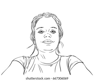 Sketch of nine-year-old girl makes selfie while holding the camera low, Hand drawn illustration, Vector line art