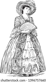Sketch of a noble lady with a fan