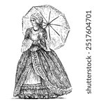 Sketch of noble lady in luxurious dress with umbrella, historical costume of 18th century, realistic hand drawing, vector illustration isolated on white