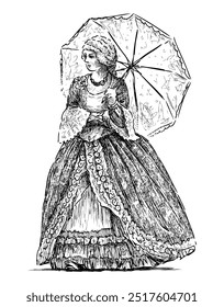 Sketch of noble lady in luxurious dress with umbrella, historical costume of 18th century, realistic hand drawing, vector illustration isolated on white