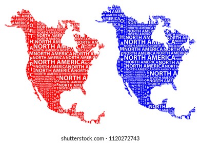 Sketch North America letter text continent, North America word - in the shape of the continent, Map of continent North America - red and blue vector illustration