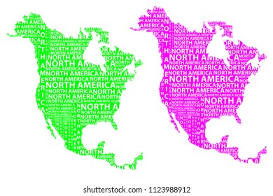 Sketch North America letter text continent, North America word - in the shape of the continent, Map of continent North America - green and purple vector illustration