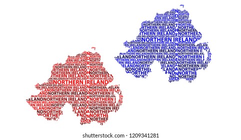 Sketch Northern Ireland letter text map, Northern Ireland - in the shape of the continent, Map Northern Ireland - red and blue vector illustration