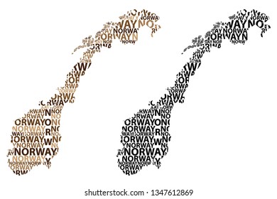 Sketch Norway letter text map, Kingdom of Norway - in the shape of the continent, Map Norway - black and brown vector illustration