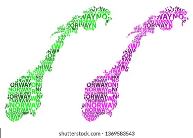 Sketch Norway letter text map, Kingdom of Norway - in the shape of the continent, Map Norway - green and purple vector illustration