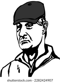 A sketch of a not cheerful man in a cap, in the style of comics about gangsters, prison inmates. Black and white illustration drawing