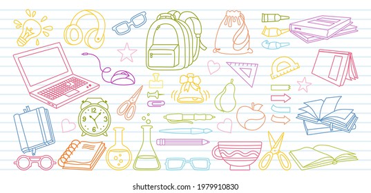 Sketch in notebook Back to School doodle cartoon set. Learning school line. First day of school equipment, Education concept icon kit. Scissors, laptop, glasses book backpack, paints outline vector