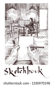 Sketch notebook hand draw girl sitting in a cafe at the table illustration vector.