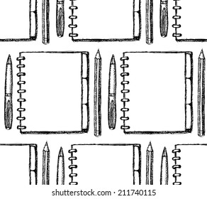 Sketch notebook, pen and pencil, school seamless pattern 