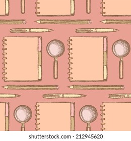 Sketch notebook, pen, zoom and pencil, school seamless pattern