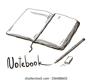 Sketch of notebook with pencil and eraser, vector