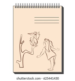 Sketch Notepad with different pictures on the cover:Friendship little Girl and a big bird the Pelican. 