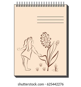 Sketch Notepad with different pictures on the cover: a little girl and a big flower, friendship of man and nature. Cute, fun and funny kids vector pictures.