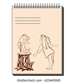 Sketch Notepad with different pictures on the cover: a little girl and funny hedgehog, sketch. Cute and funny vector illustration for children.