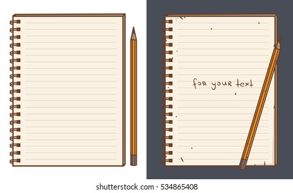 Sketch of notepad with penci. Vector illustration with hand drawn leaf of notebook. Notepad with clear page.