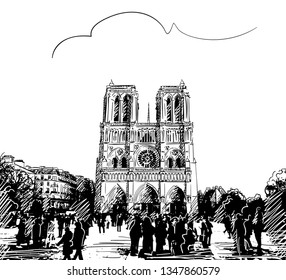 Sketch of Notre Dame Cathedral in Paris, Hand drawn illustration