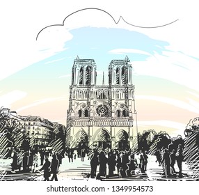 Sketch of Notre Dame Cathedral in Paris, Hand drawn illustration