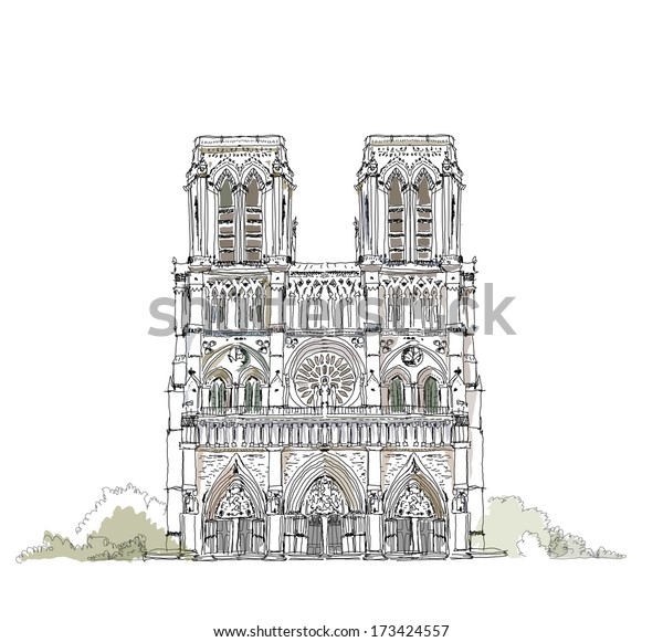 Sketch Notre Dame De Paris Front Stock Vector Royalty Free 173424557 2670