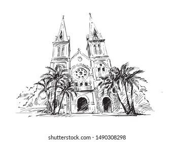 Sketch Notre  Dame Cathedral Basilica Ho Chi Minh city  Hand draw