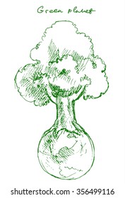 Sketch of the Oak grown on the Earth. Symbol of ecosystem concept