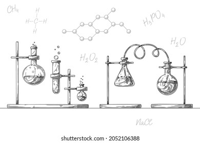 Sketch of objects of a chemical laboratory. Glassware for a chemical experiment. Vector pharmaceutical flasks, beakers and test tubes. Discovery and chemistry symbol.