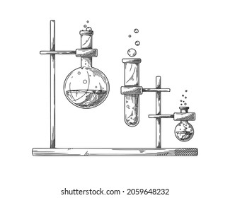 Sketch of objects of a chemical laboratory. Glassware for a chemical experiment. Vector pharmaceutical flasks, beakers and test tubes. Discovery and chemistry symbol.