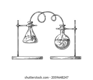 Sketch of objects of a chemical laboratory. Glassware for a chemical experiment. Vector pharmaceutical flasks, beakers and test tubes. Discovery and chemistry symbol.