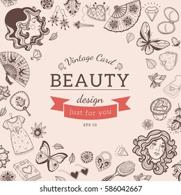 Sketch objects composition. Design for vintage card or invitation. Vector template.