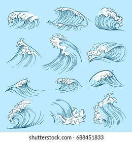 Sketch ocean waves. Hand drawn marine vector tides. Wave water storm sea illustration