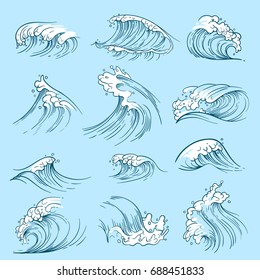 Sketch Ocean Waves. Hand Drawn Marine Vector Tides. Wave Water Storm Sea Illustration