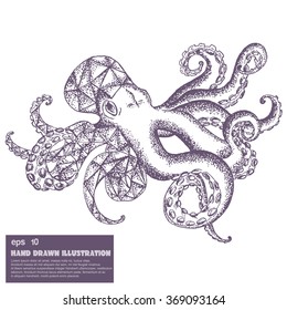 Sketch of octopus.Vector illustration in stippling style with geometric shapes. Dot artwork