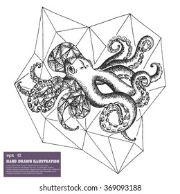 Sketch of octopus.Vector illustration in stippling style with geometric shapes. Dot artwork