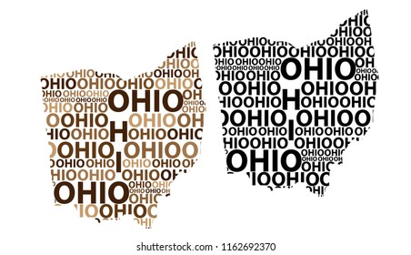 Sketch Ohio (United States of America) letter text map, Ohio map - in the shape of the continent, Map Ohio - brown and black vector illustration