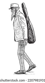 Sketch of old bearded man in hat  with guitar walking outdoors