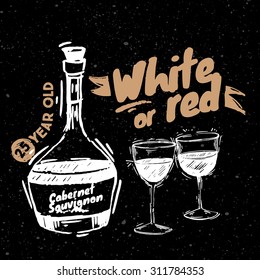 Sketch of old bottles of wine as a drawn element with a glass of wine on black background
