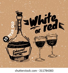 Sketch of old bottles of wine as a drawn element with a glass of wine on paper background
