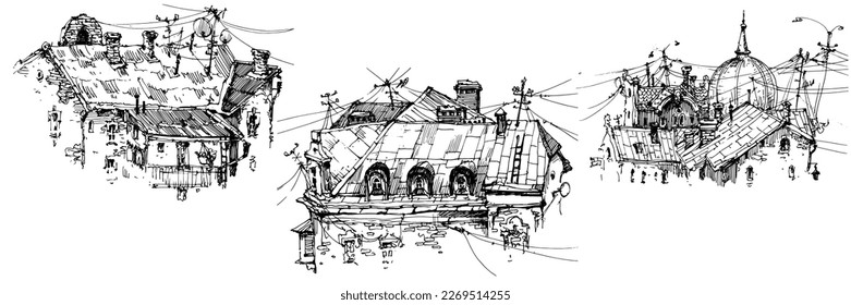 Sketch of an old city street, capturing its charm and character. Vector illustration.