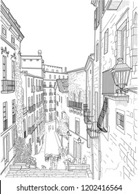 Sketch of the old city street in Girona