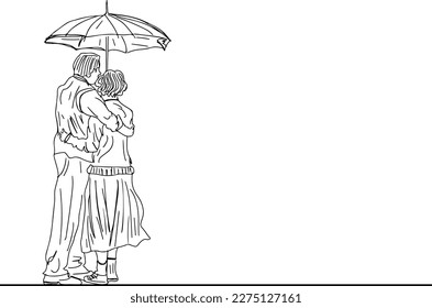 A Sketch of an Old Couple Walking in the Rain, Rainy Day Romance: A Sketch of an Old Couple Sharing an Umbrella