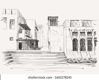 Sketch of old Dubai heritage city architecture, Hand drawn vector illustration, United Arab Emirates